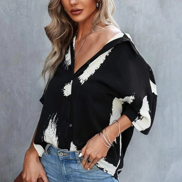 Black Brush Print Blouse - Picture 2 of 5